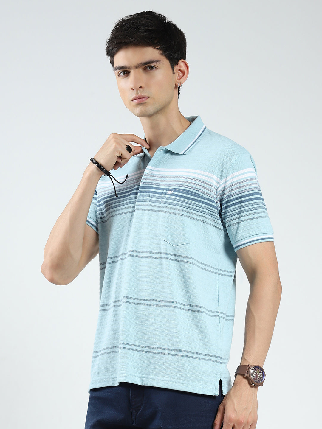 Men Green Stripe Collar Half Sleeve T-Shirt