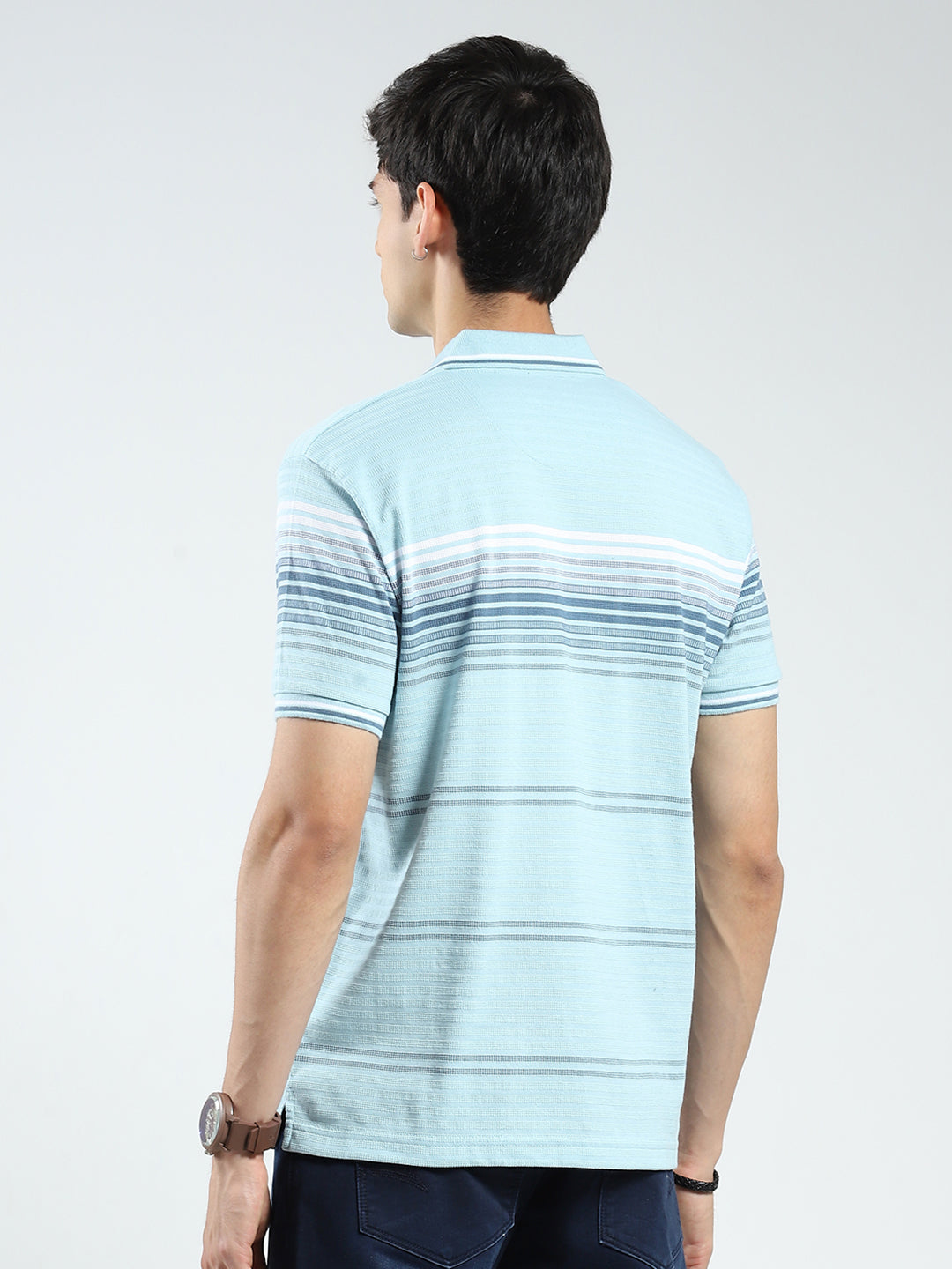 Men Green Stripe Collar Half Sleeve T-Shirt