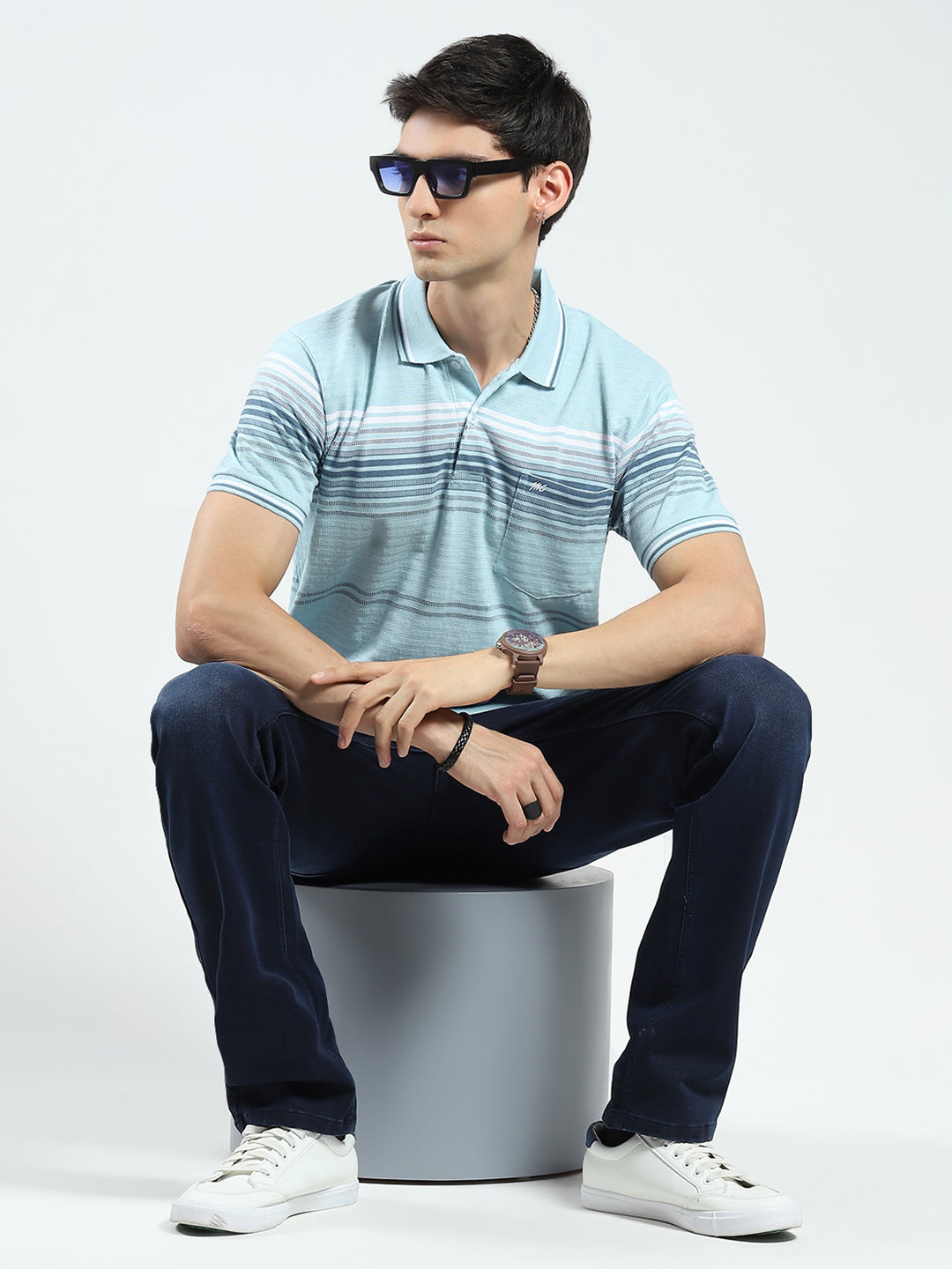 Men Green Stripe Collar Half Sleeve T-Shirt