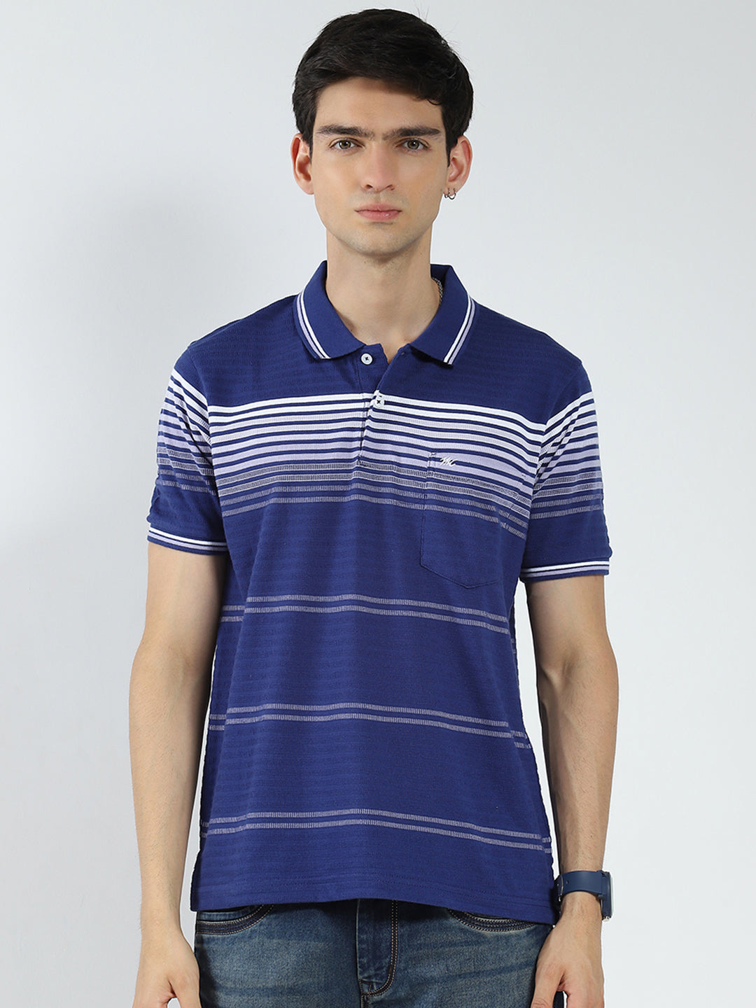 Men Blue Stripe Collar Half Sleeve T-Shirt