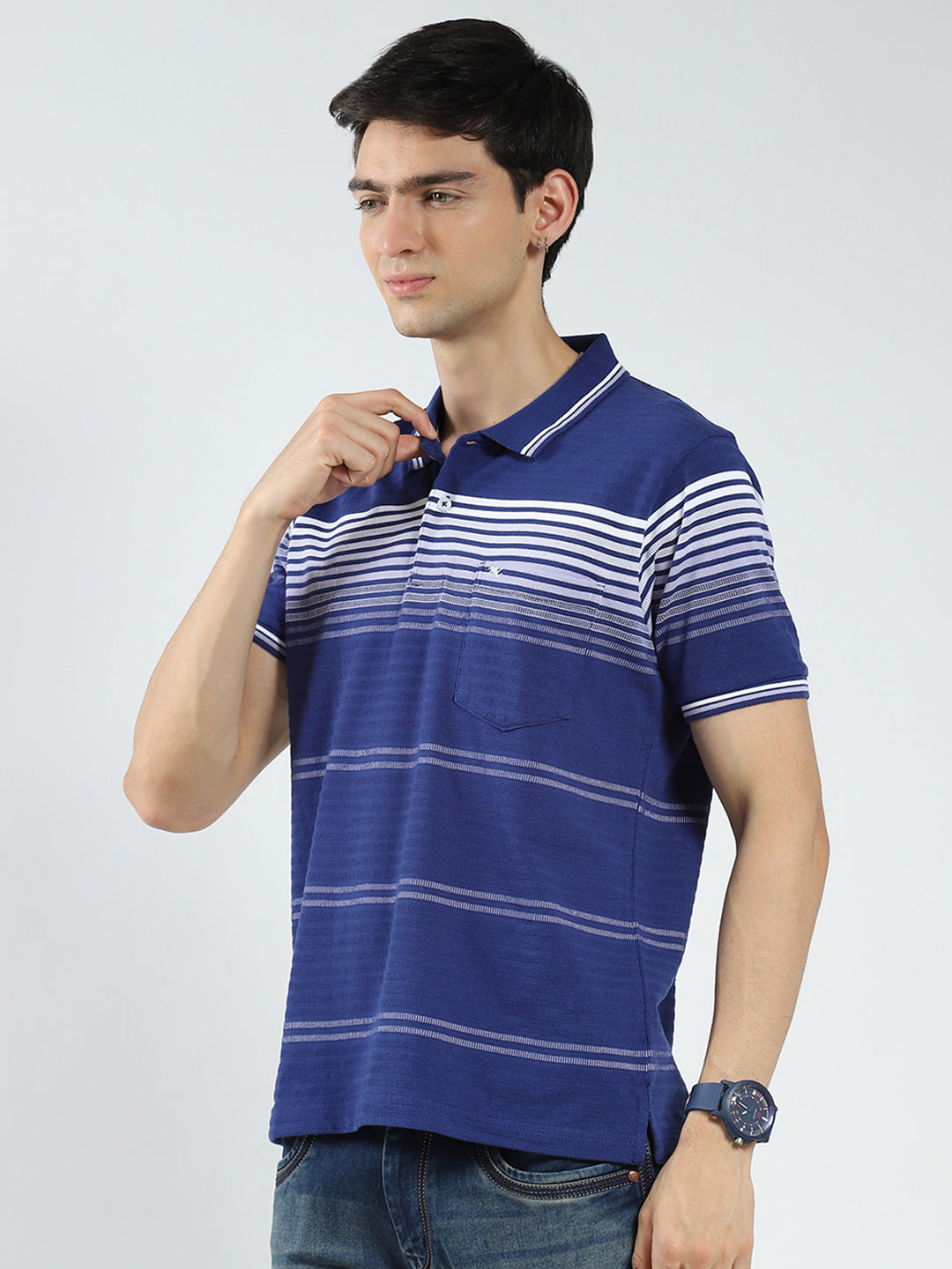 Men Blue Stripe Collar Half Sleeve T-Shirt