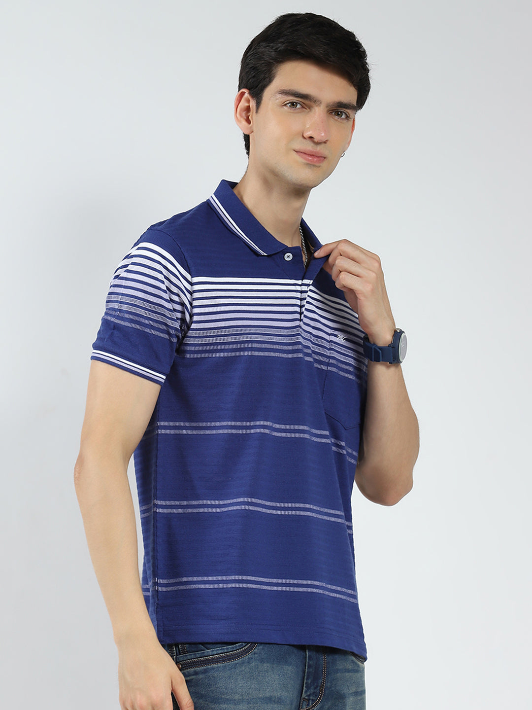Men Blue Stripe Collar Half Sleeve T-Shirt