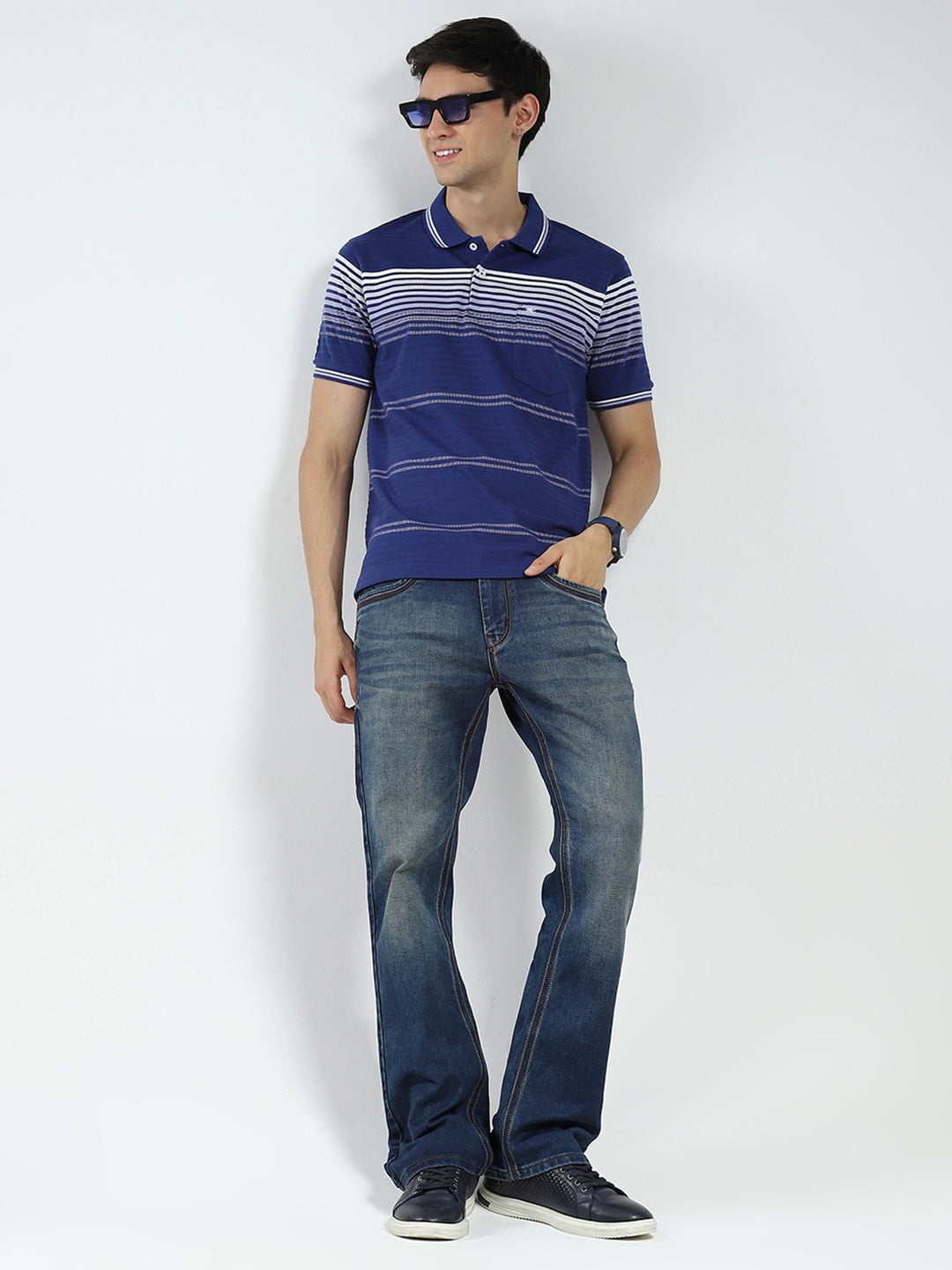 Men Blue Stripe Collar Half Sleeve T-Shirt