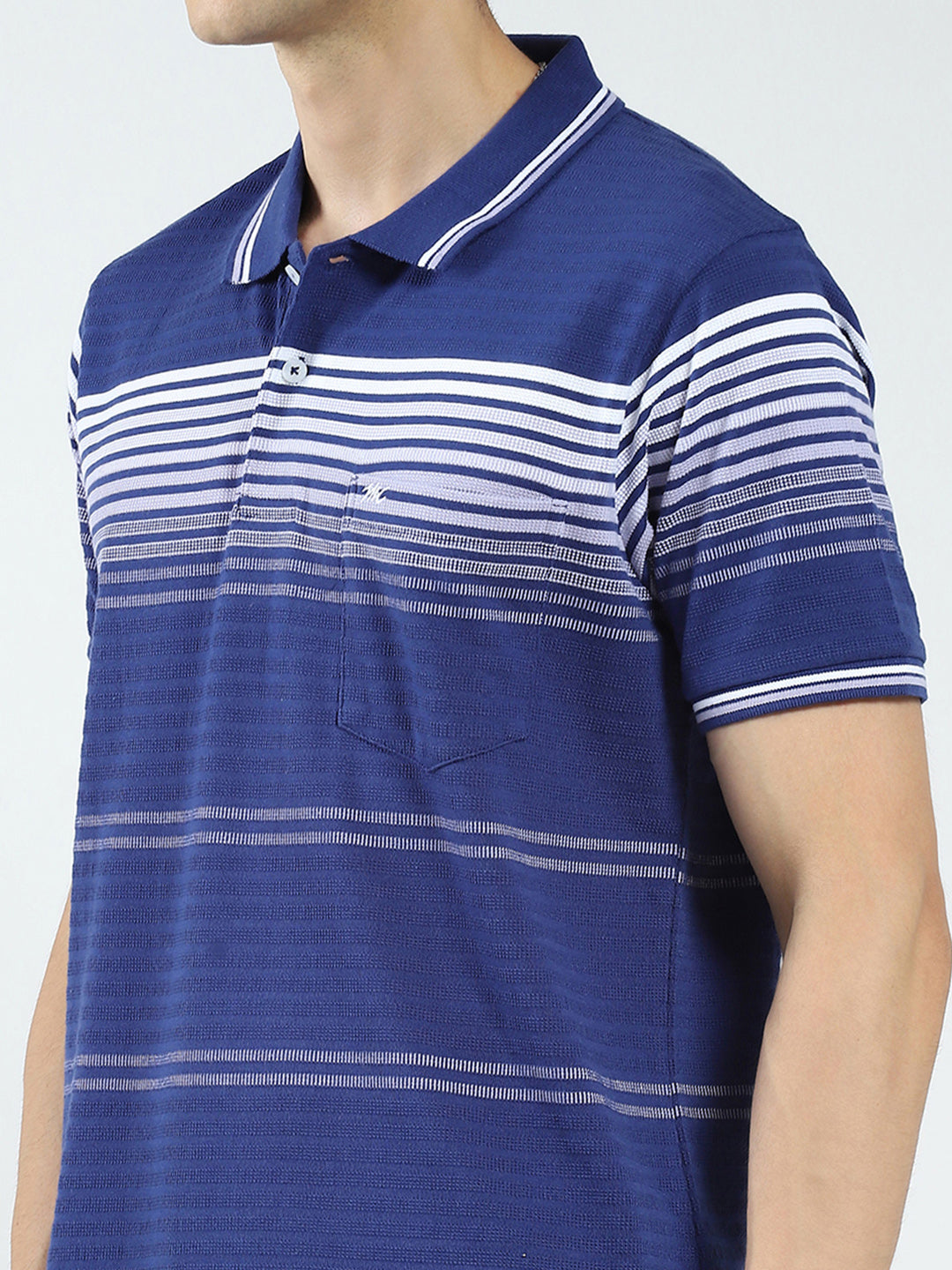 Men Blue Stripe Collar Half Sleeve T-Shirt
