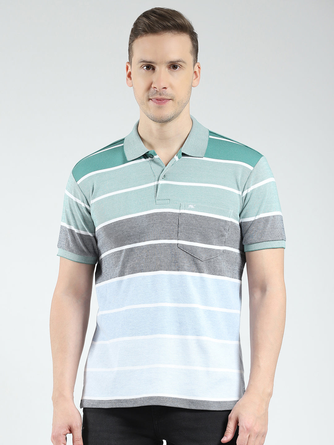 Men Green Stripe Collar Half Sleeve T-Shirt