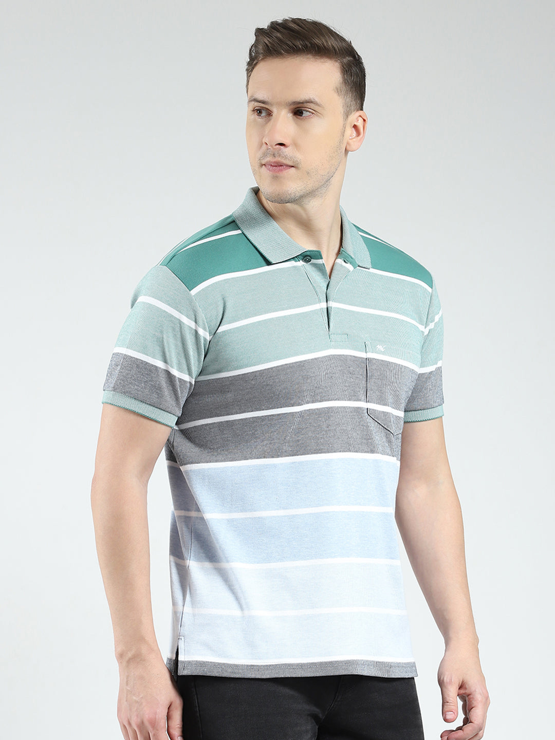 Men Green Stripe Collar Half Sleeve T-Shirt