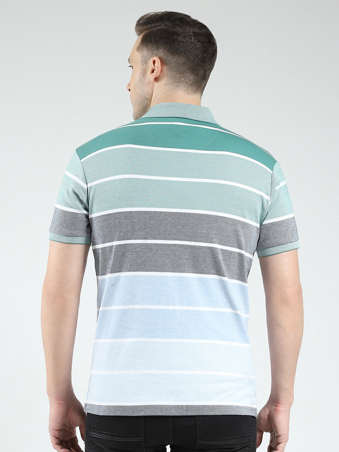 Men Green Stripe Collar Half Sleeve T-Shirt
