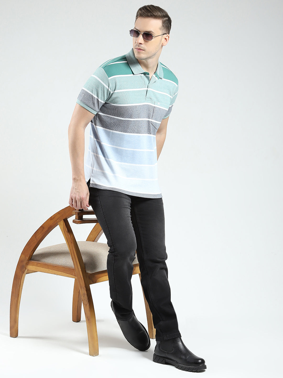 Men Green Stripe Collar Half Sleeve T-Shirt