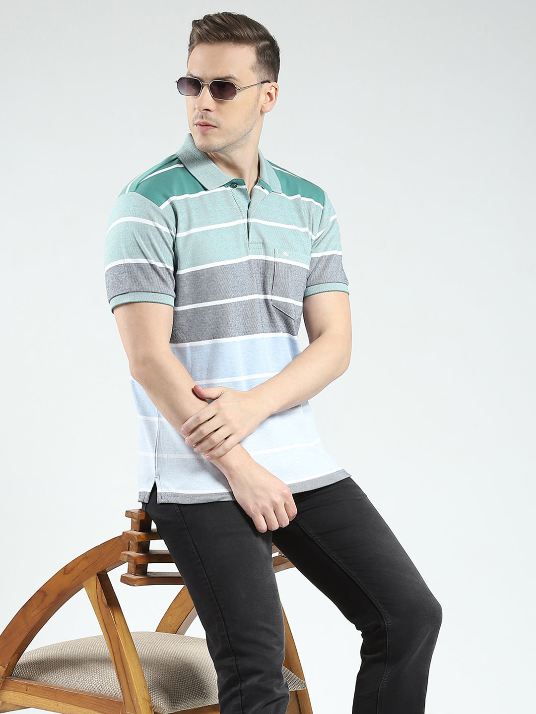 Men Green Stripe Collar Half Sleeve T-Shirt
