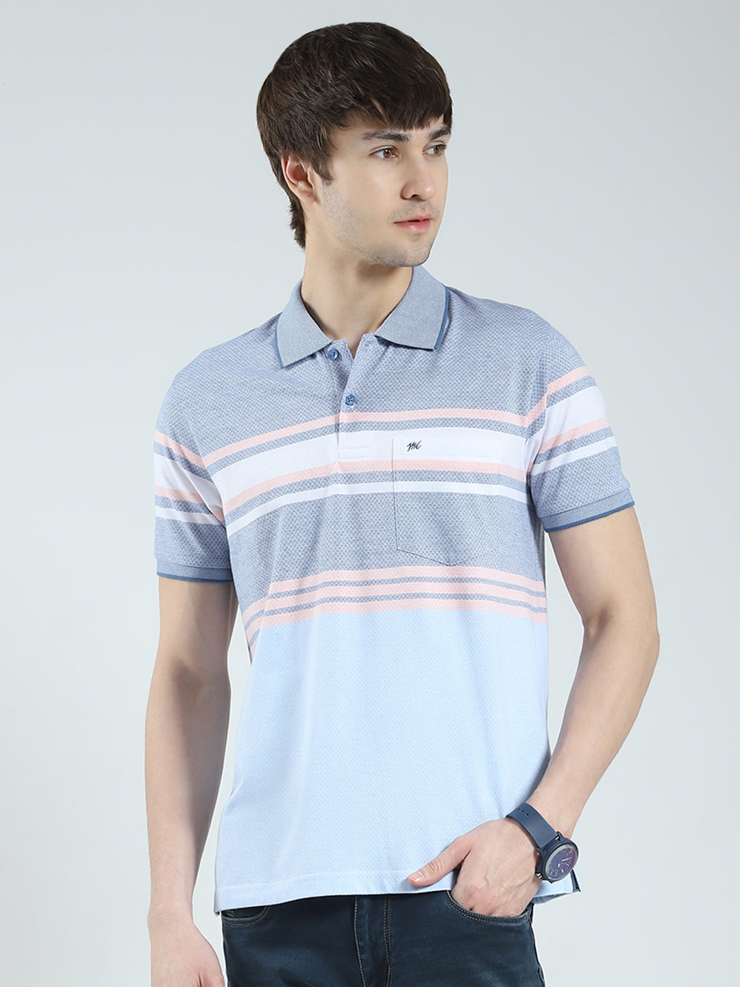 Men Blue Stripe Collar Half Sleeve T-Shirt