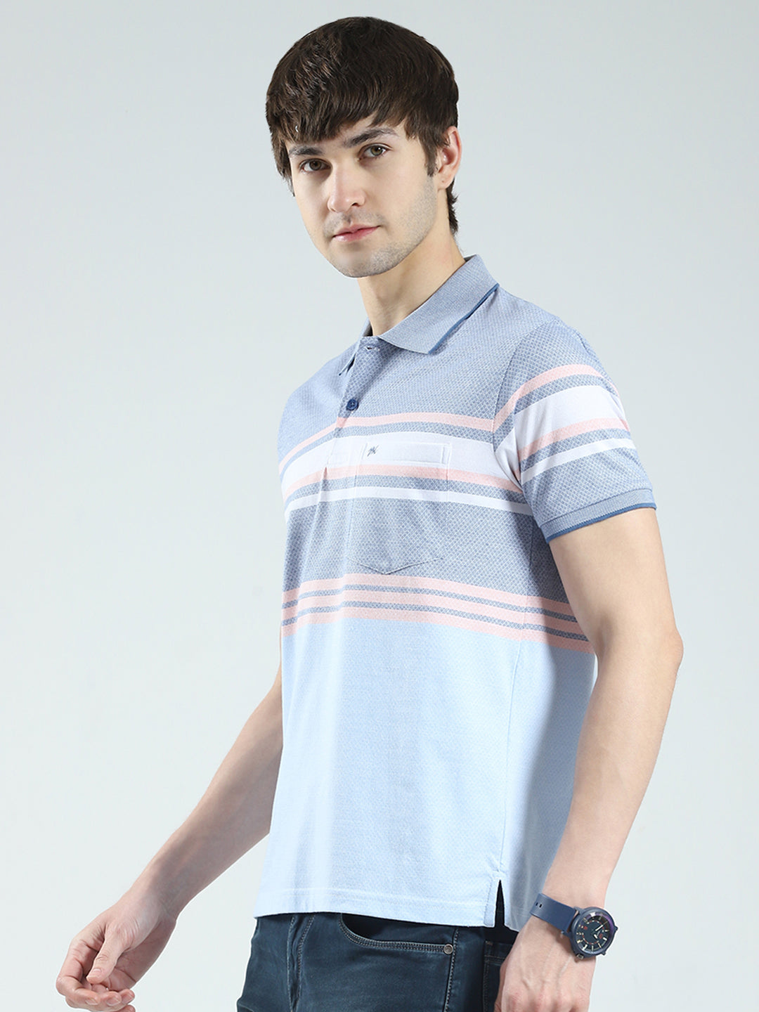 Men Blue Stripe Collar Half Sleeve T-Shirt