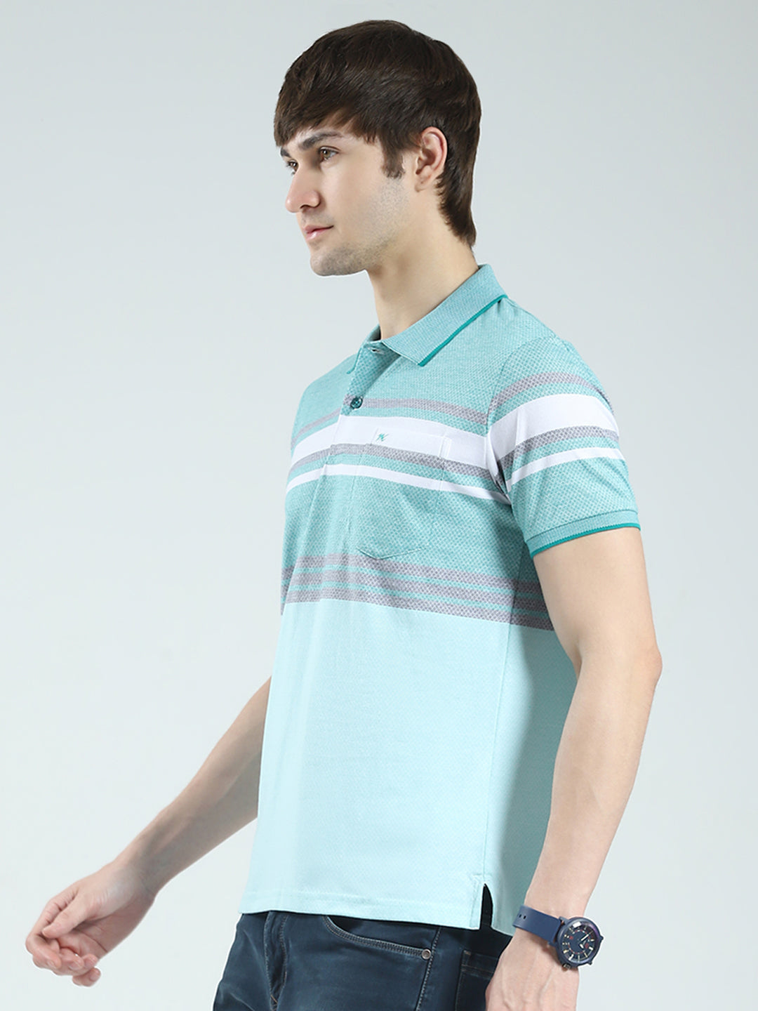 Men Green Stripe Collar Half Sleeve T-Shirt