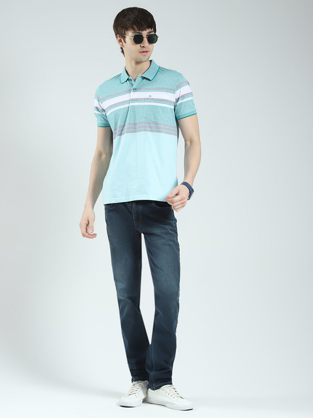Men Green Stripe Collar Half Sleeve T-Shirt