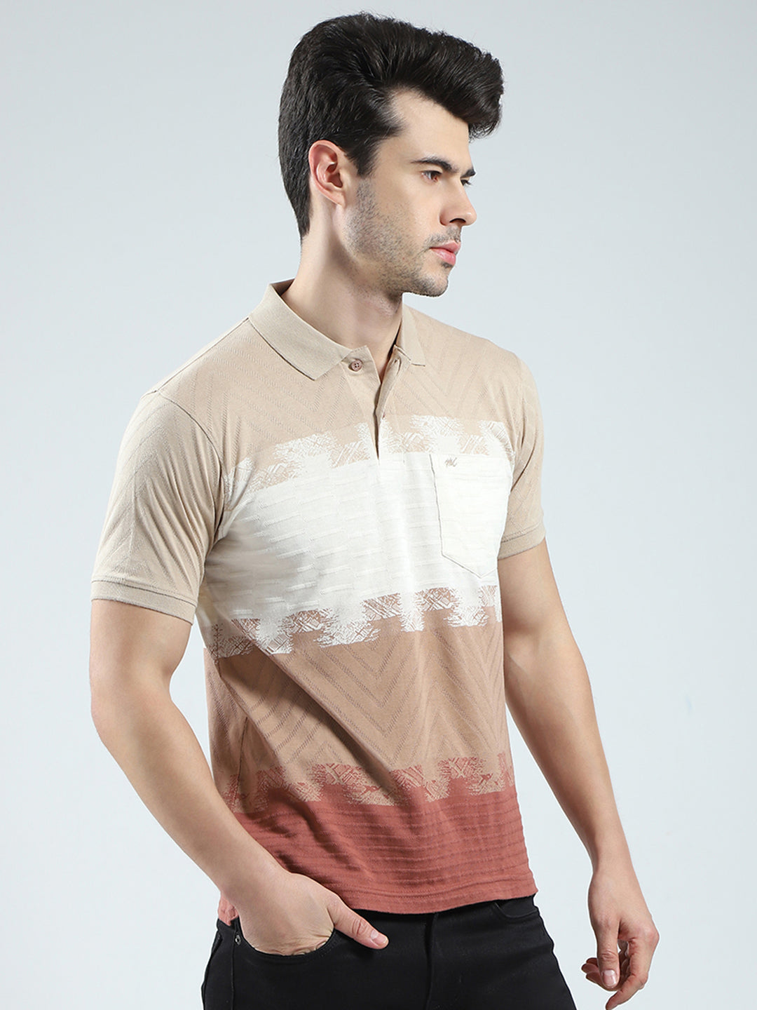 Men Beige Stripe Collar Half Sleeve T-Shirt