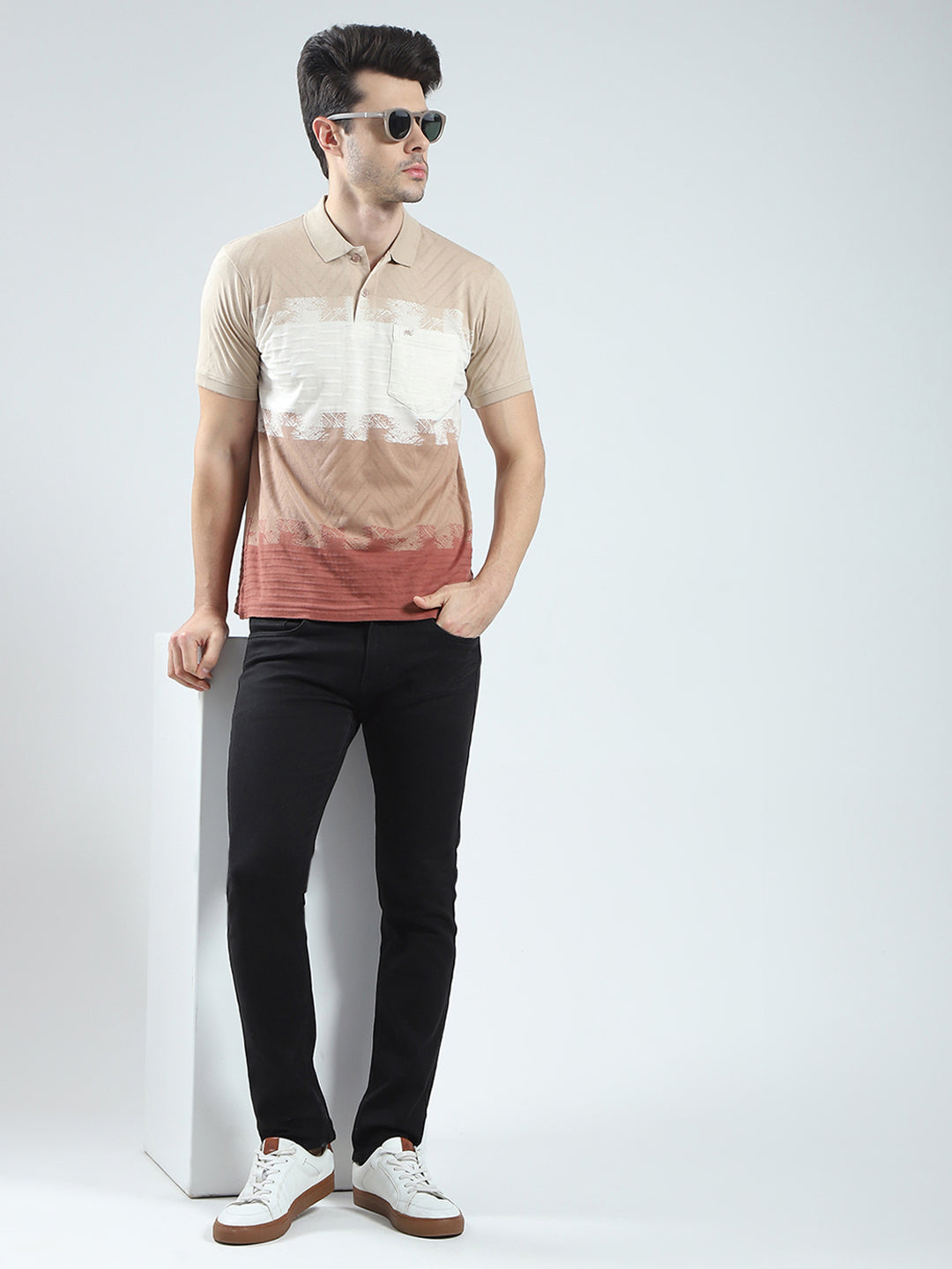 Men Beige Stripe Collar Half Sleeve T-Shirt