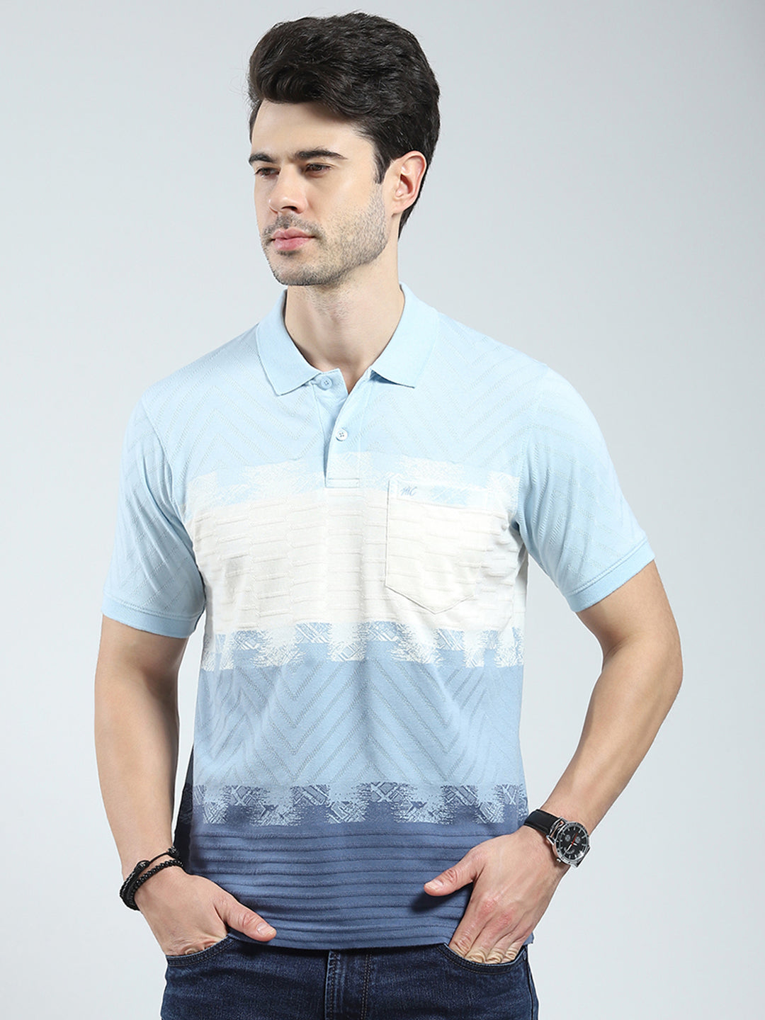 Men Blue Stripe Collar Half Sleeve T-Shirt