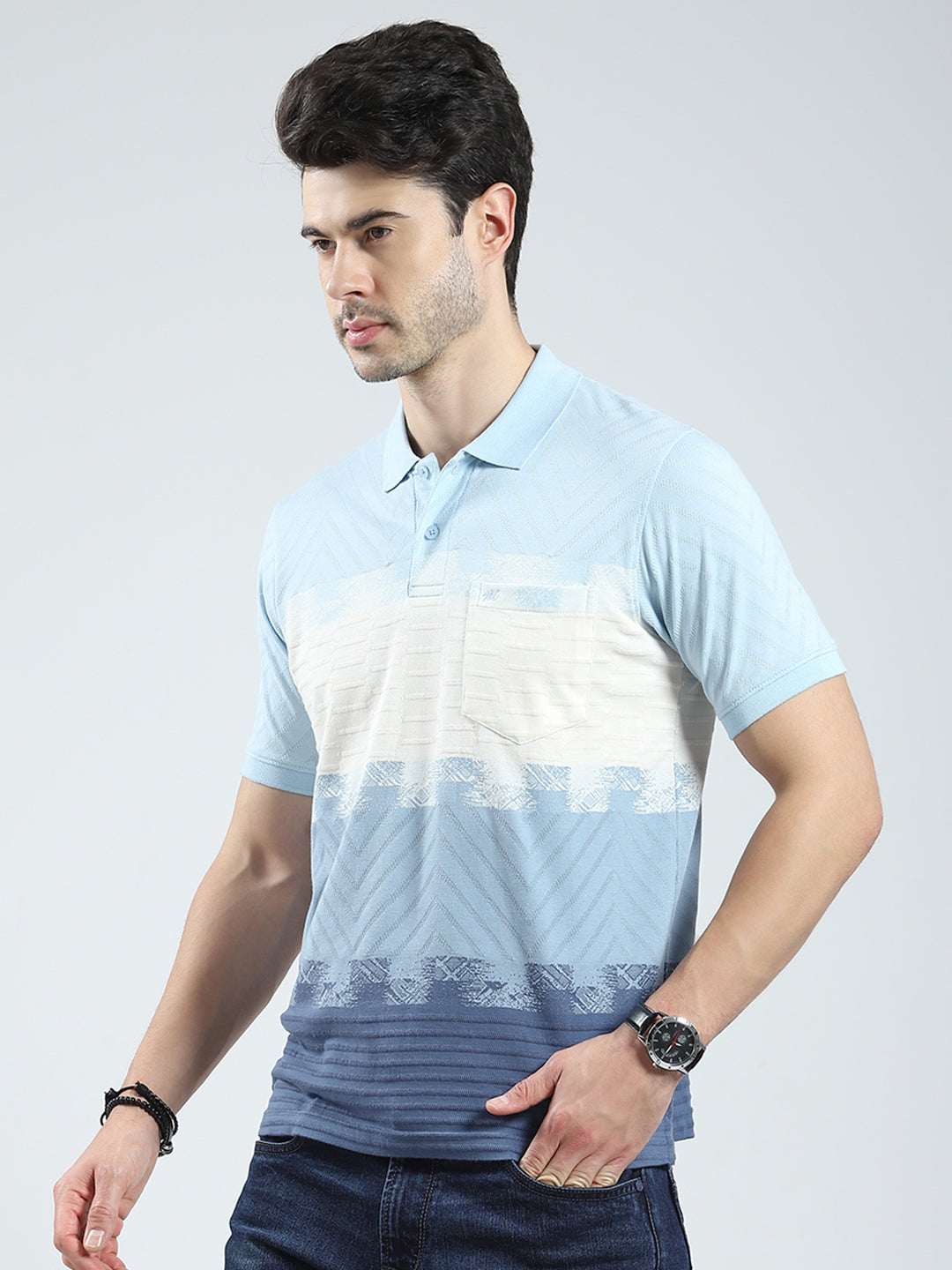 Men Blue Stripe Collar Half Sleeve T-Shirt