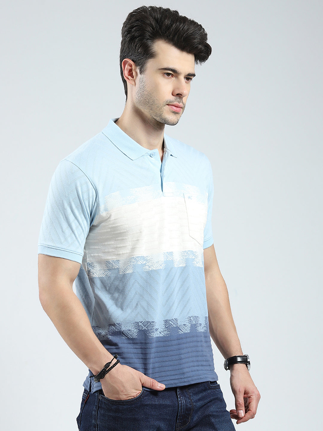 Men Blue Stripe Collar Half Sleeve T-Shirt