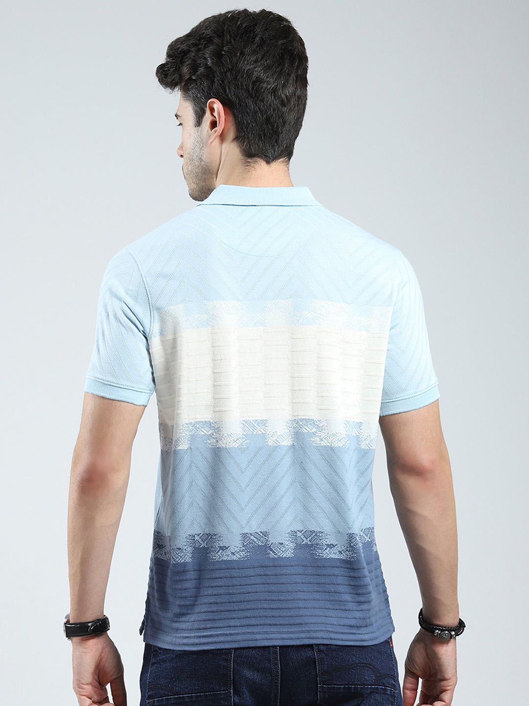 Men Blue Stripe Collar Half Sleeve T-Shirt