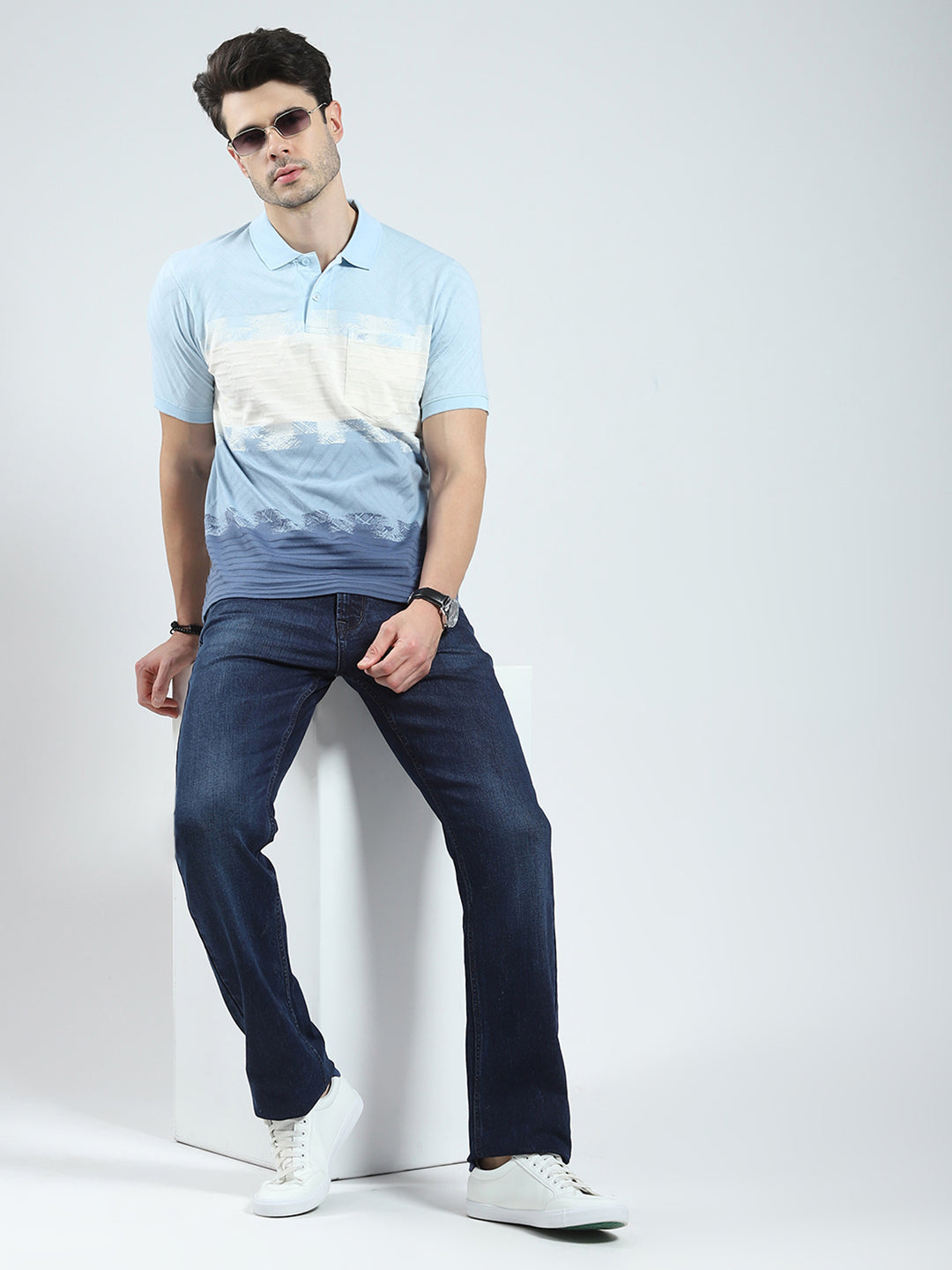 Men Blue Stripe Collar Half Sleeve T-Shirt
