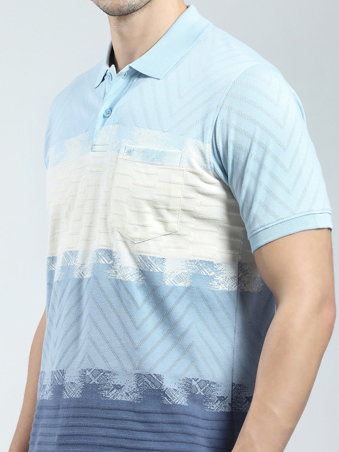 Men Blue Stripe Collar Half Sleeve T-Shirt