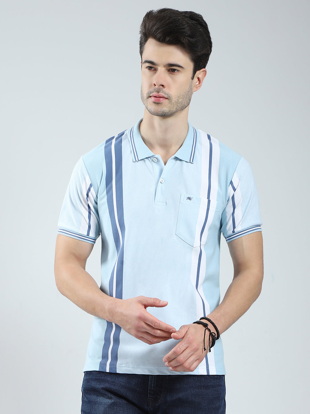 Men Blue Stripe Collar Half Sleeve T-Shirt