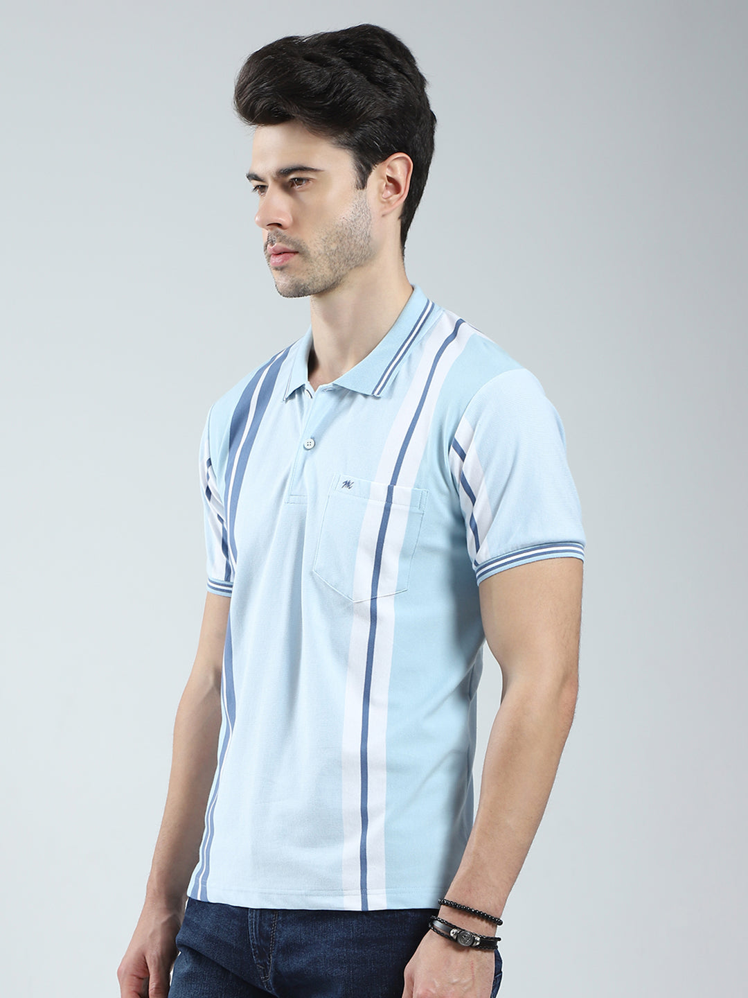 Men Blue Stripe Collar Half Sleeve T-Shirt