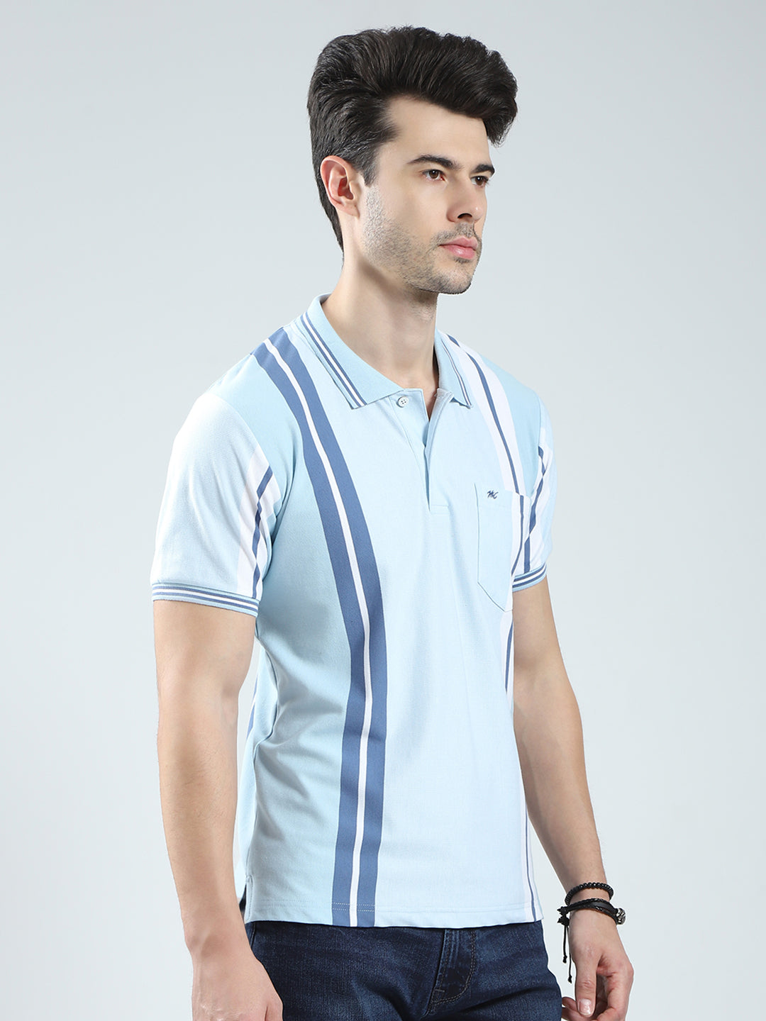 Men Blue Stripe Collar Half Sleeve T-Shirt