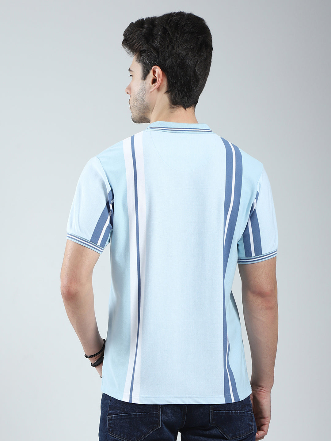 Men Blue Stripe Collar Half Sleeve T-Shirt
