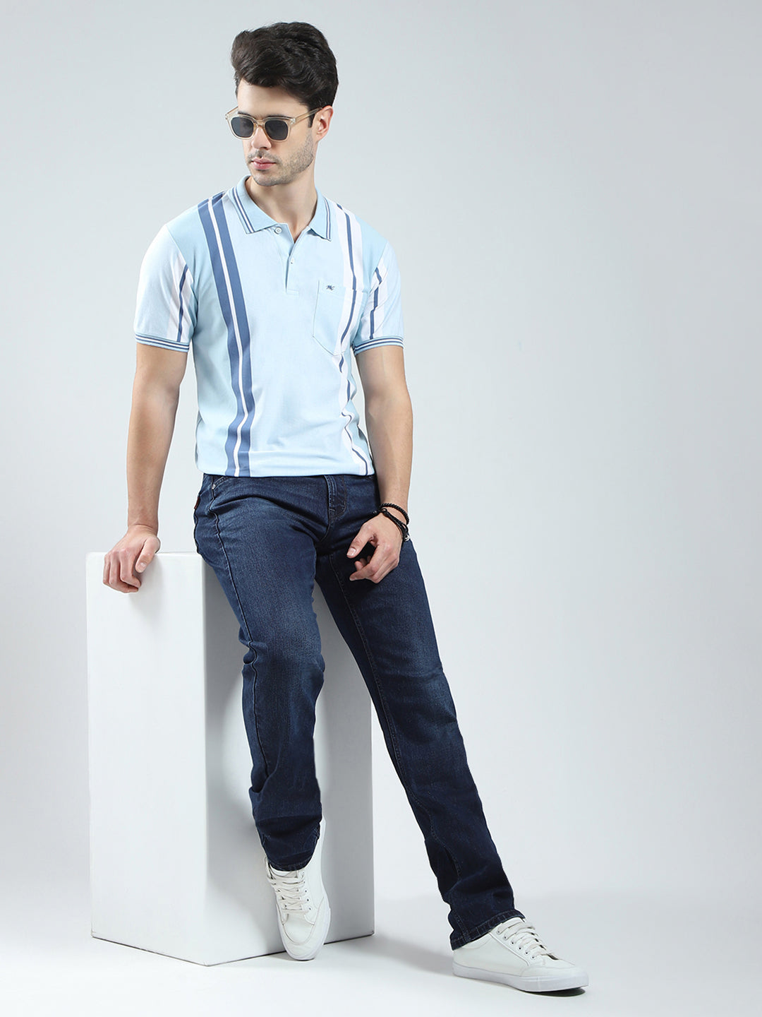 Men Blue Stripe Collar Half Sleeve T-Shirt