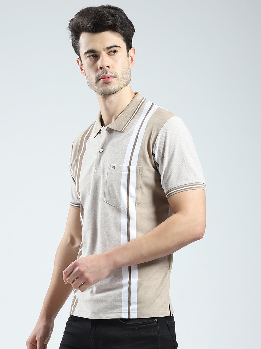 Men Beige Stripe Collar Half Sleeve T-Shirt