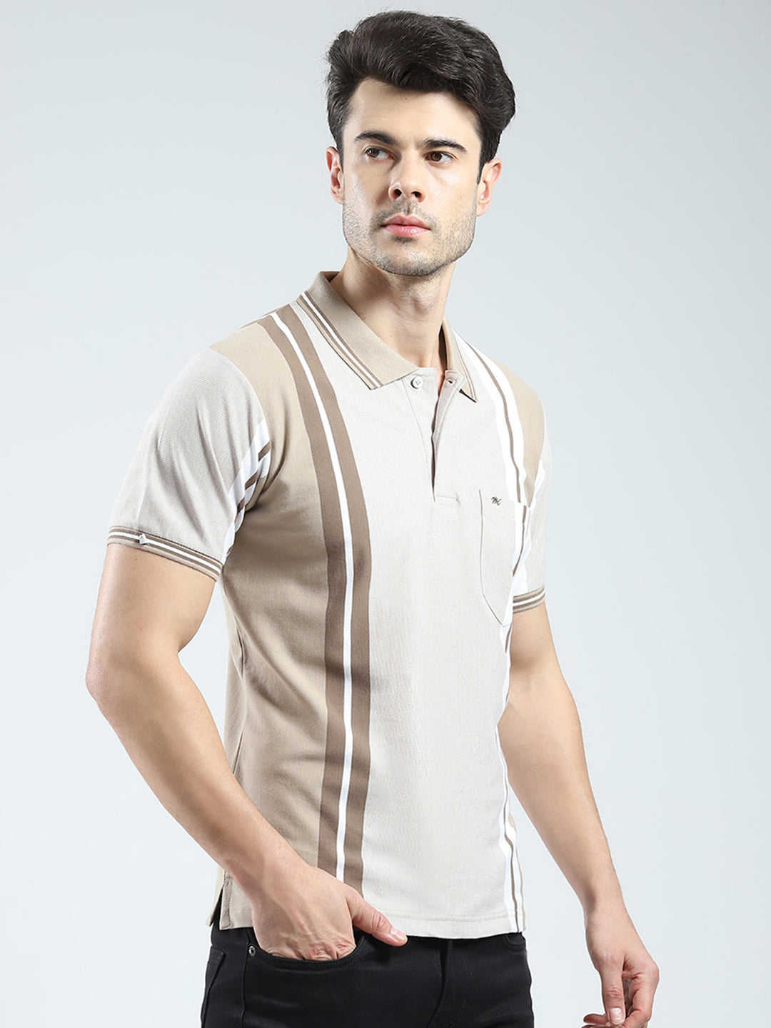 Men Beige Stripe Collar Half Sleeve T-Shirt