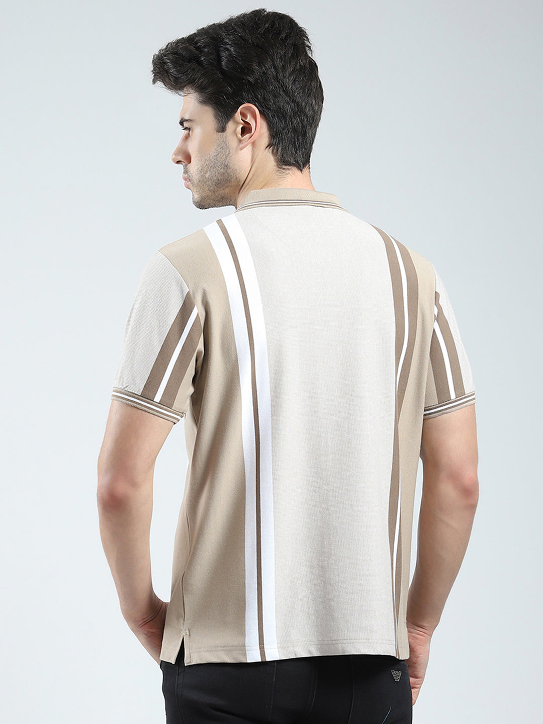 Men Beige Stripe Collar Half Sleeve T-Shirt