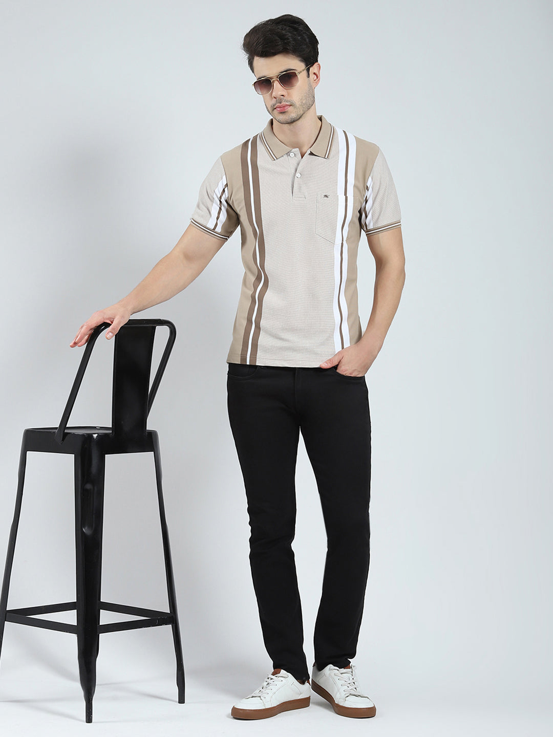Men Beige Stripe Collar Half Sleeve T-Shirt