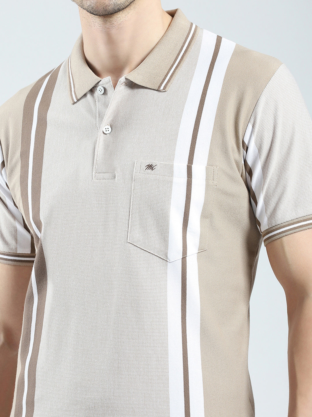Men Beige Stripe Collar Half Sleeve T-Shirt
