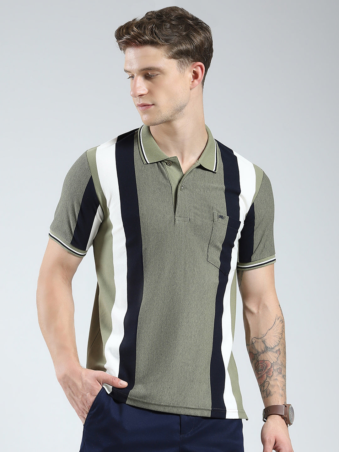Men Green Stripe Collar Half Sleeve T-Shirt