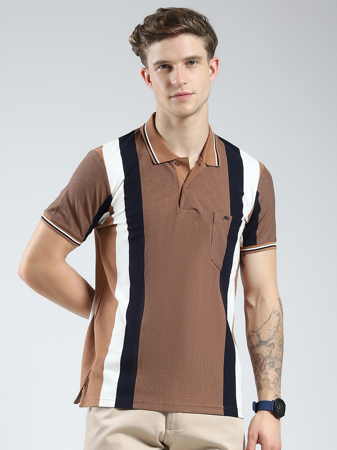 Men Brown Stripe Collar Half Sleeve T-Shirt