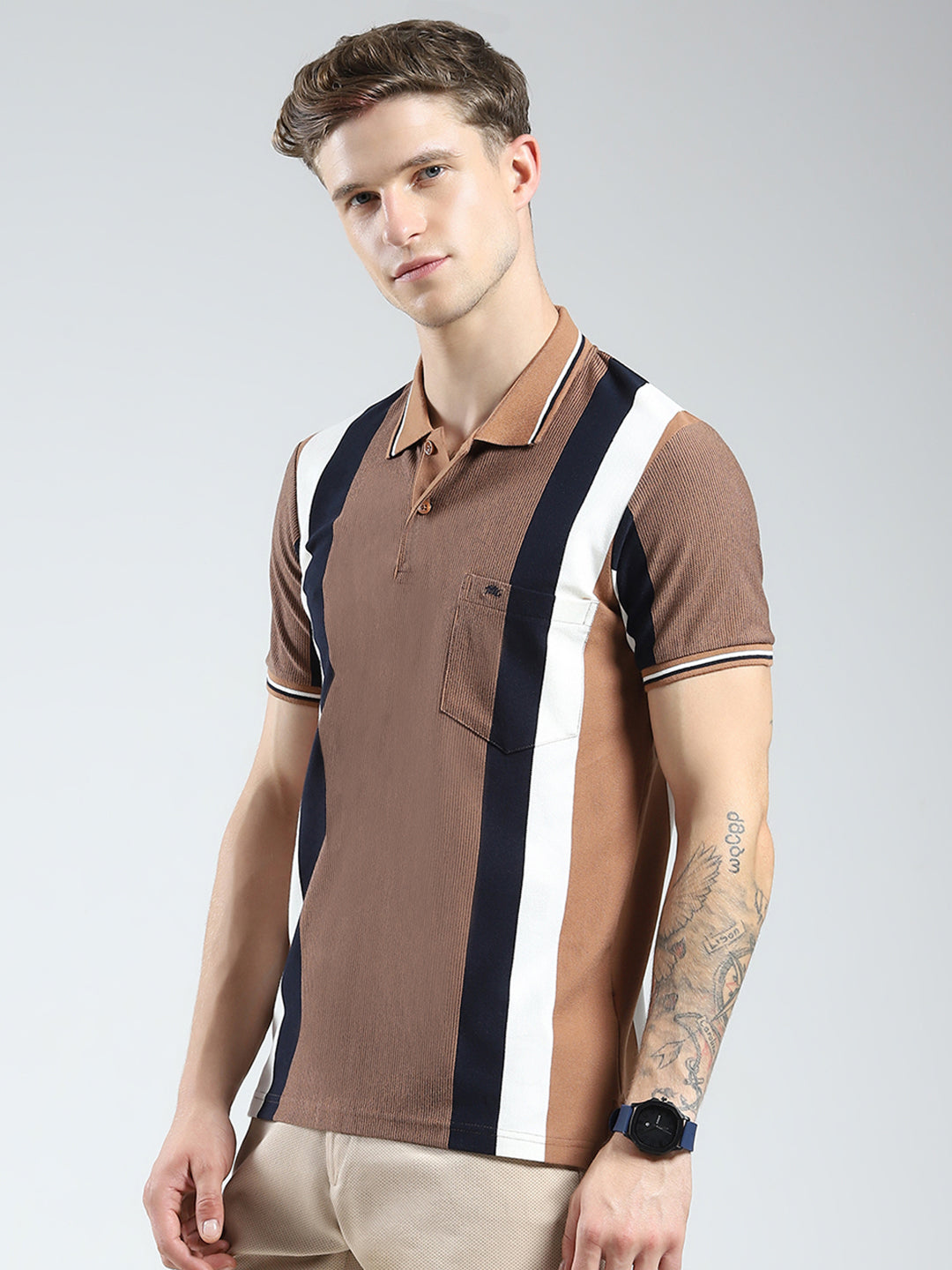 Men Brown Stripe Collar Half Sleeve T-Shirt