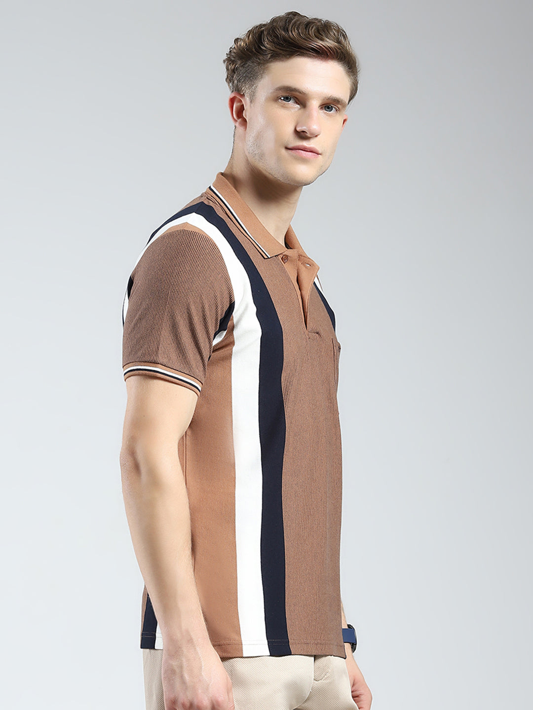 Men Brown Stripe Collar Half Sleeve T-Shirt
