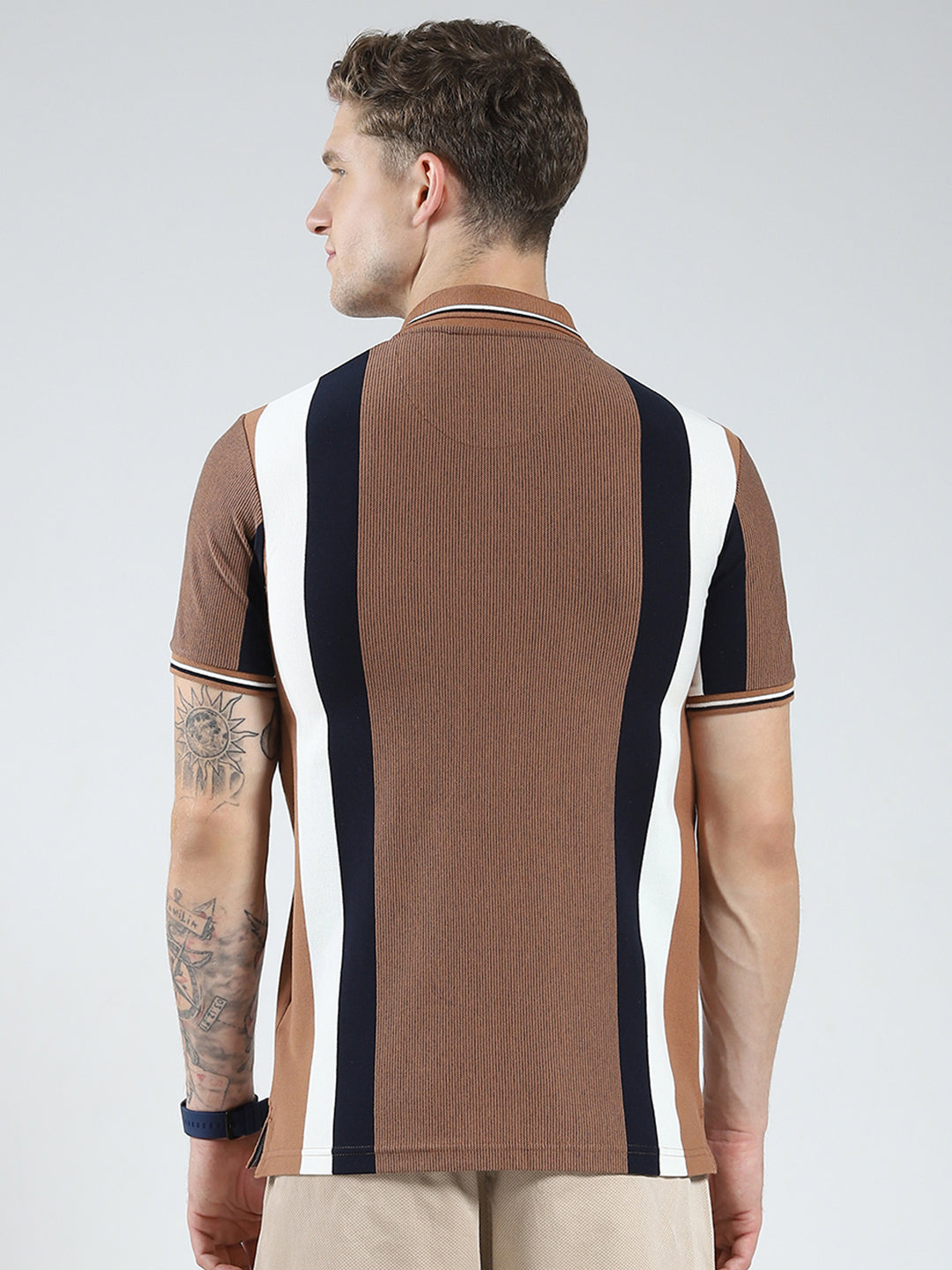 Men Brown Stripe Collar Half Sleeve T-Shirt
