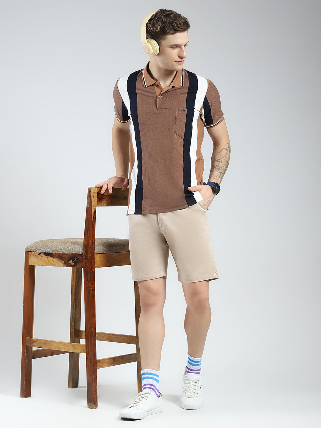 Men Brown Stripe Collar Half Sleeve T-Shirt