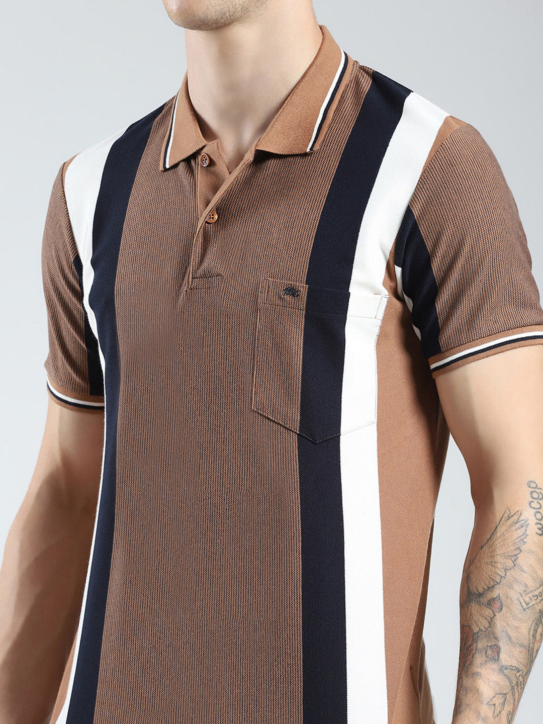 Men Brown Stripe Collar Half Sleeve T-Shirt