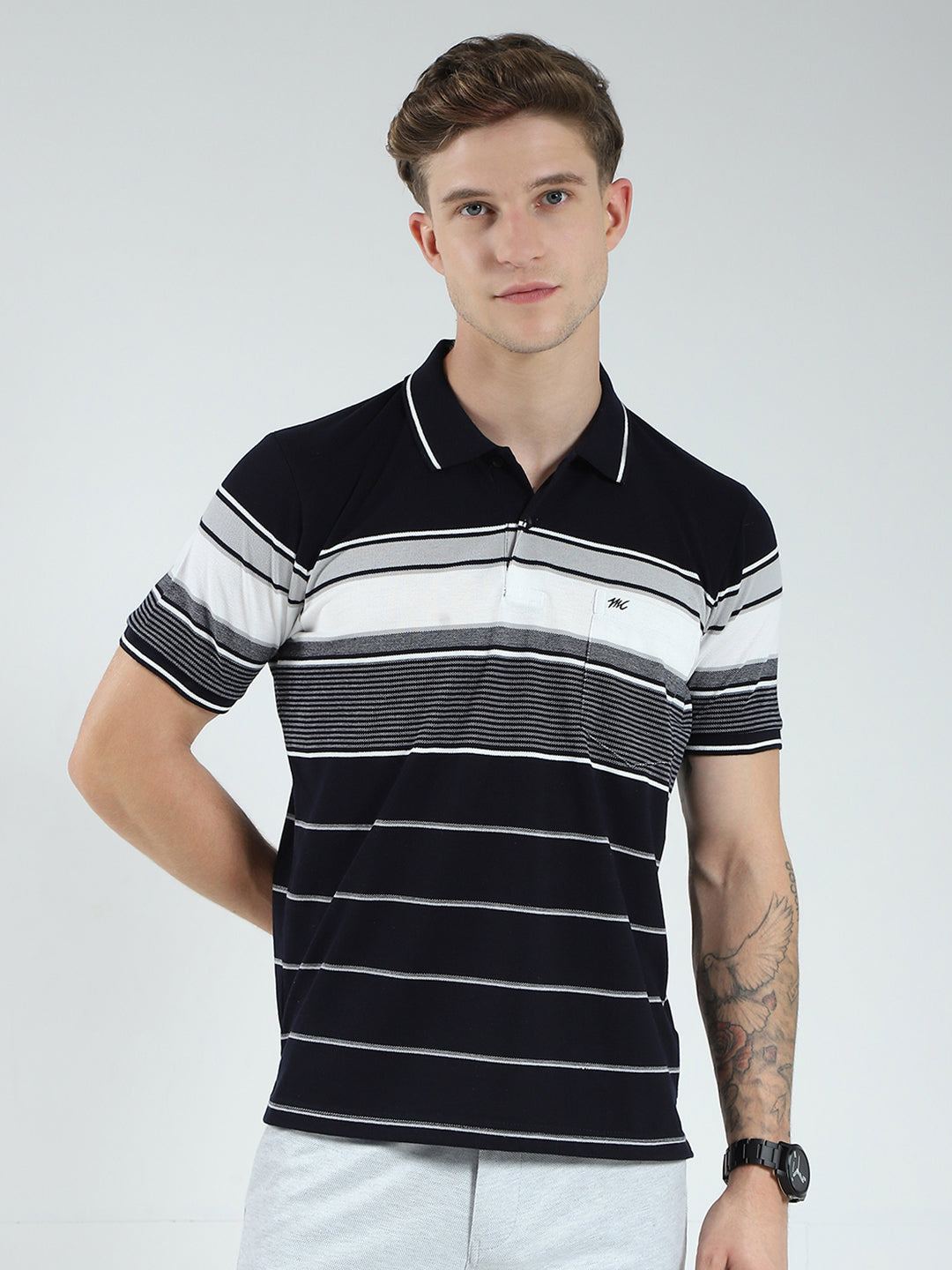 Men Navy Blue Stripe Collar Half Sleeve T-Shirt