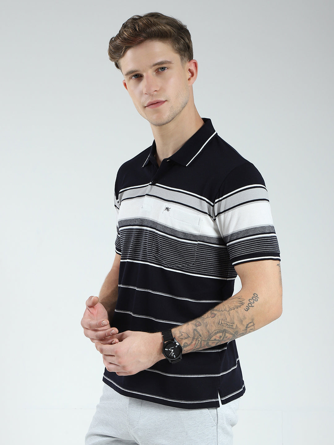 Men Navy Blue Stripe Collar Half Sleeve T-Shirt