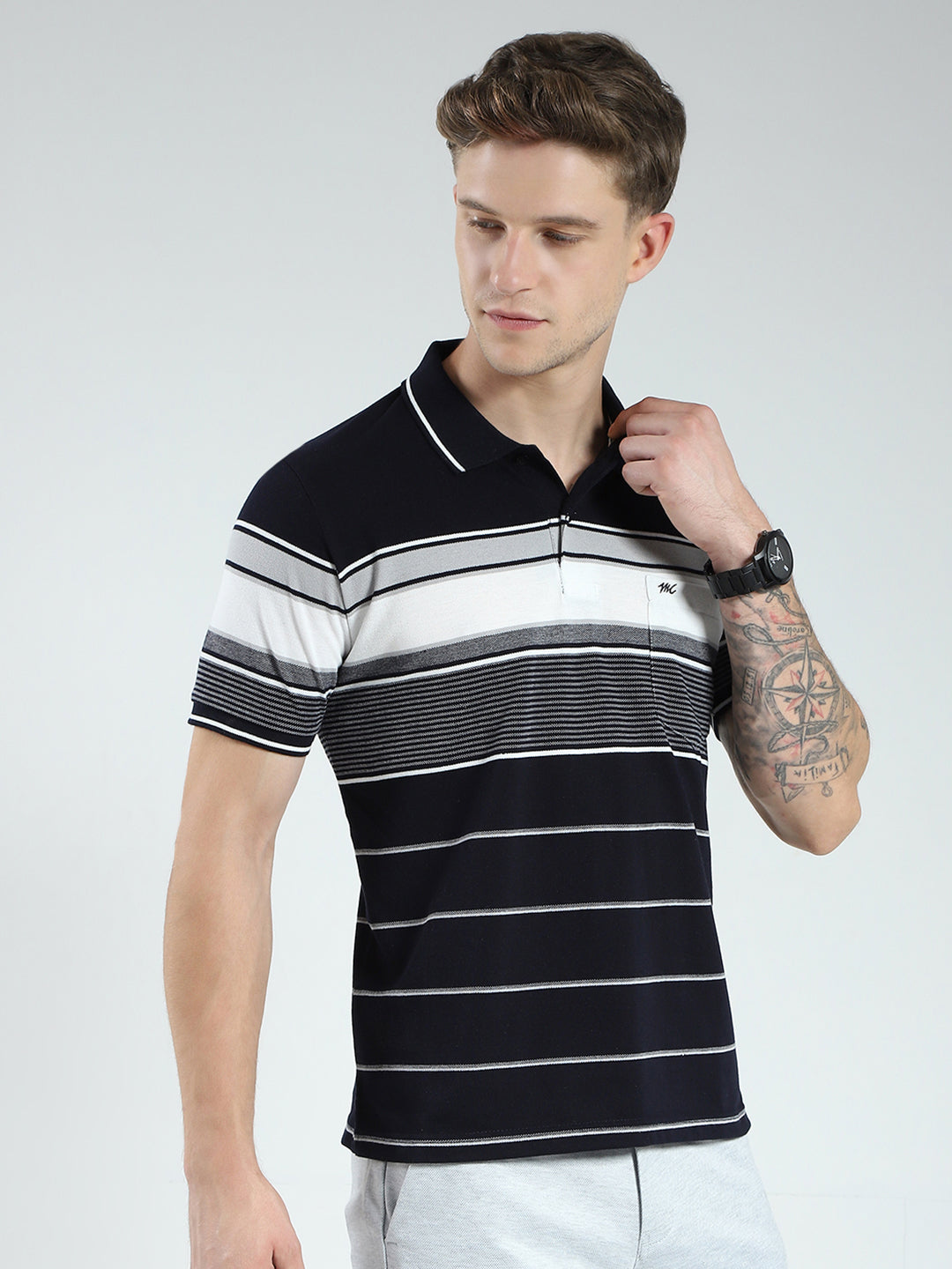 Men Navy Blue Stripe Collar Half Sleeve T-Shirt