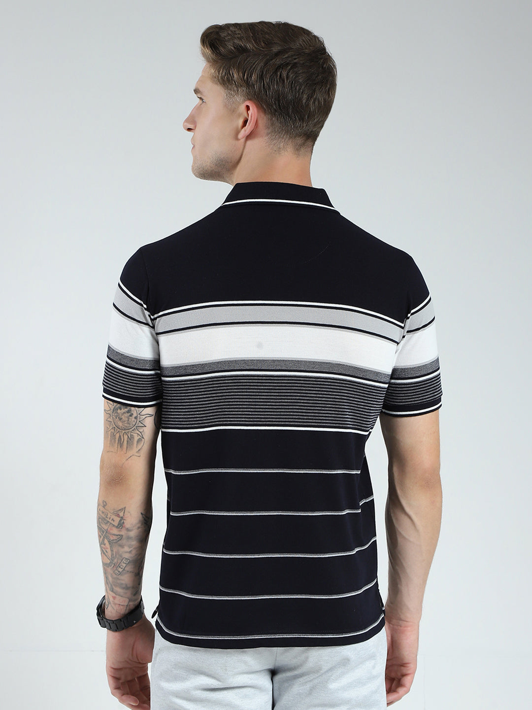 Men Navy Blue Stripe Collar Half Sleeve T-Shirt