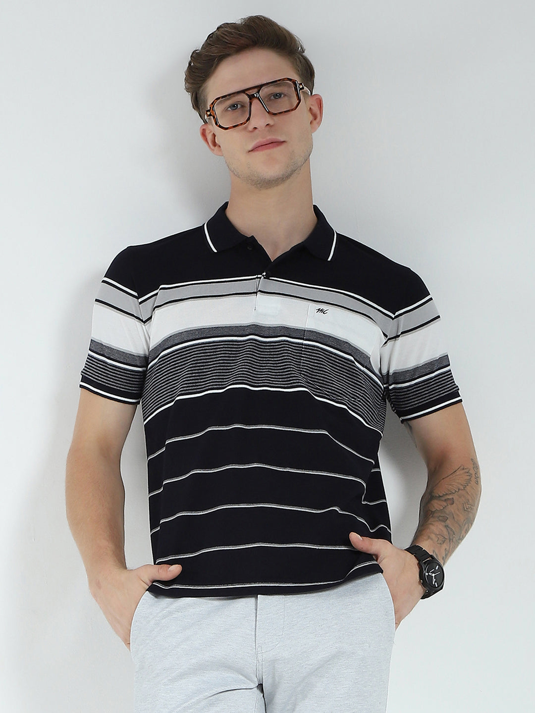 Men Navy Blue Stripe Collar Half Sleeve T-Shirt