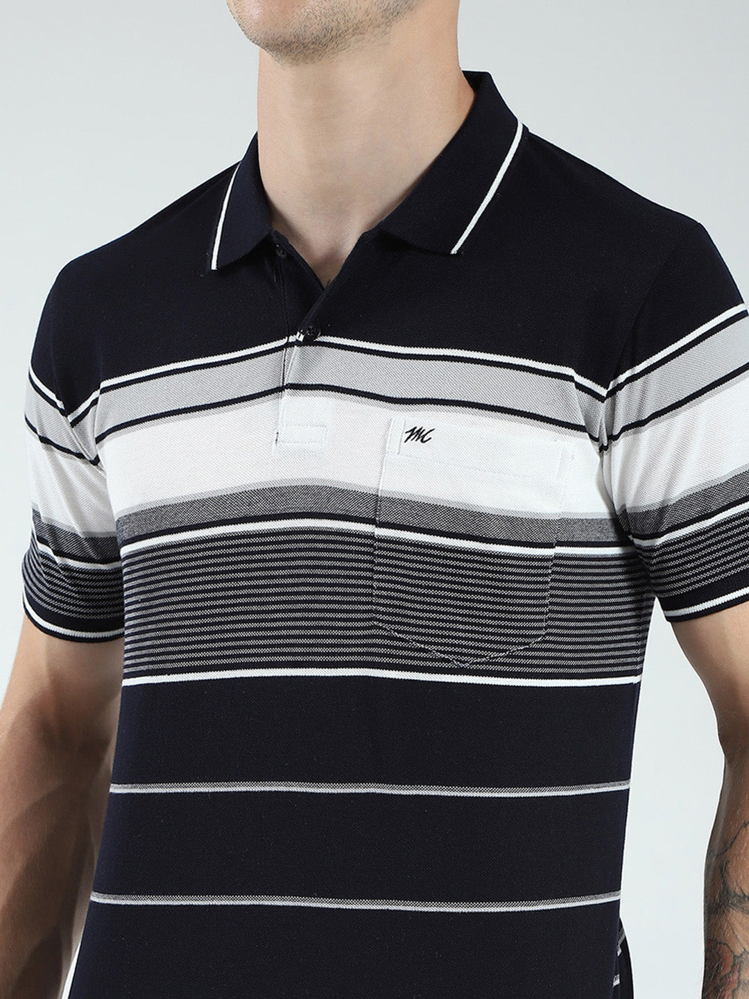 Men Navy Blue Stripe Collar Half Sleeve T-Shirt