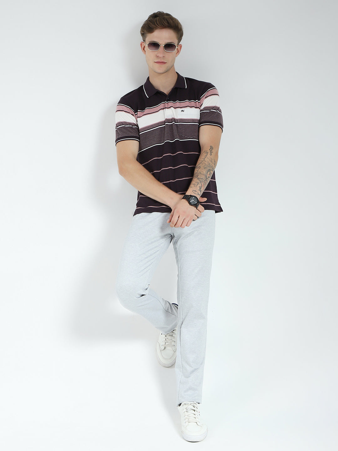 Men Brown Stripe Collar Half Sleeve T-Shirt