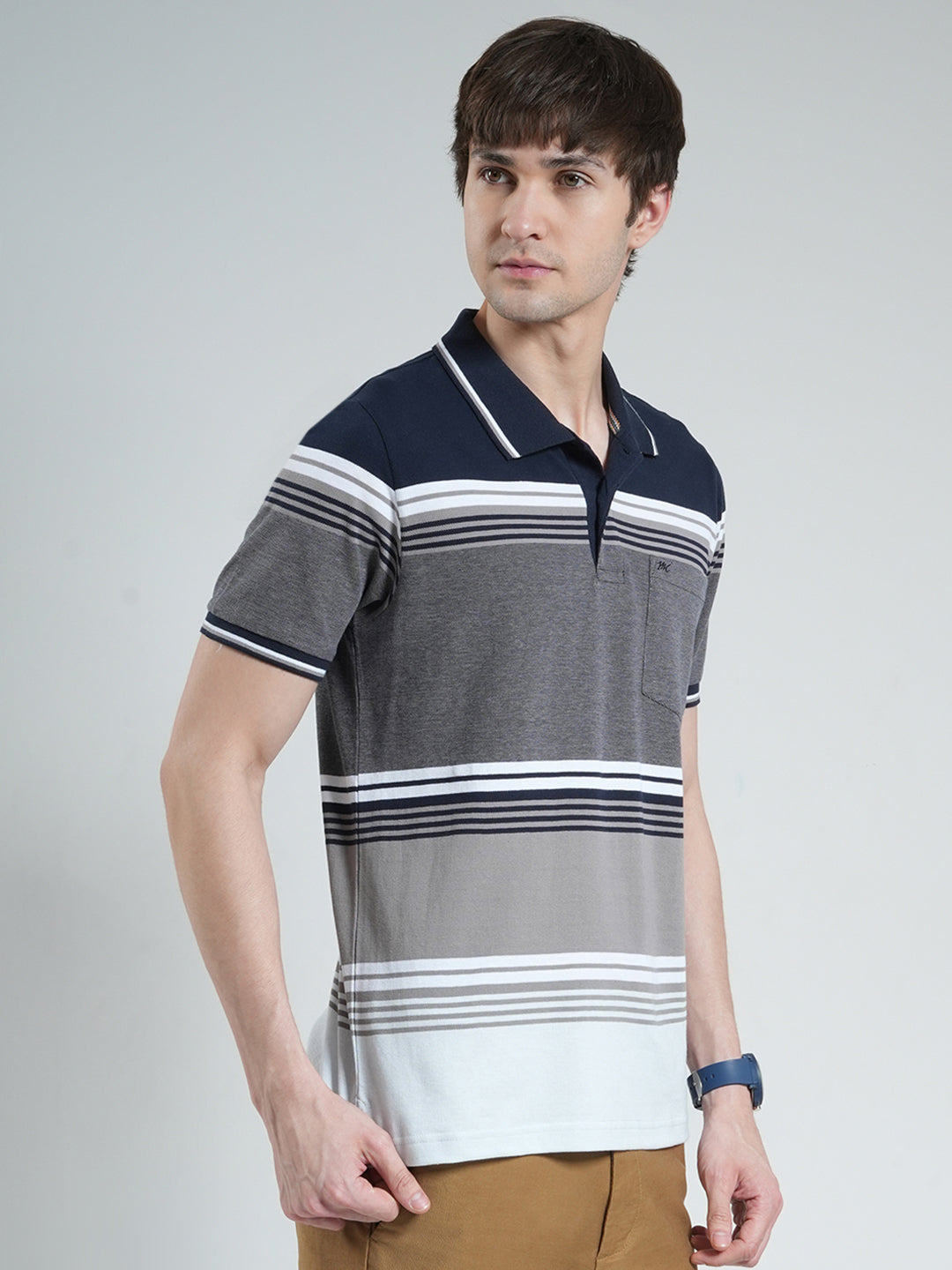 Men Navy Blue Stripe Collar Half Sleeve T-Shirt
